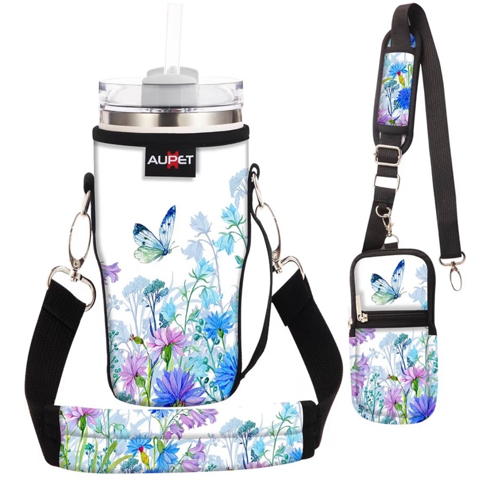 Floral Water Bottle Holder with Strap White and Blue. Stanley 30oz.